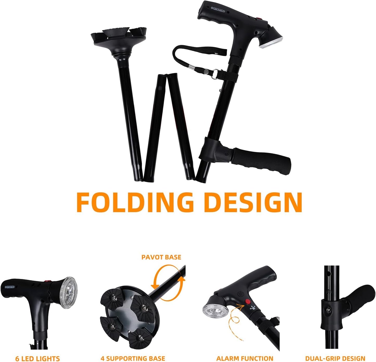 Lightweight Portable Adjustable Folding Walking Cane with LED Light